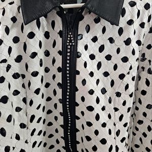 White and Black Leather jacket with Rhinestone zipper